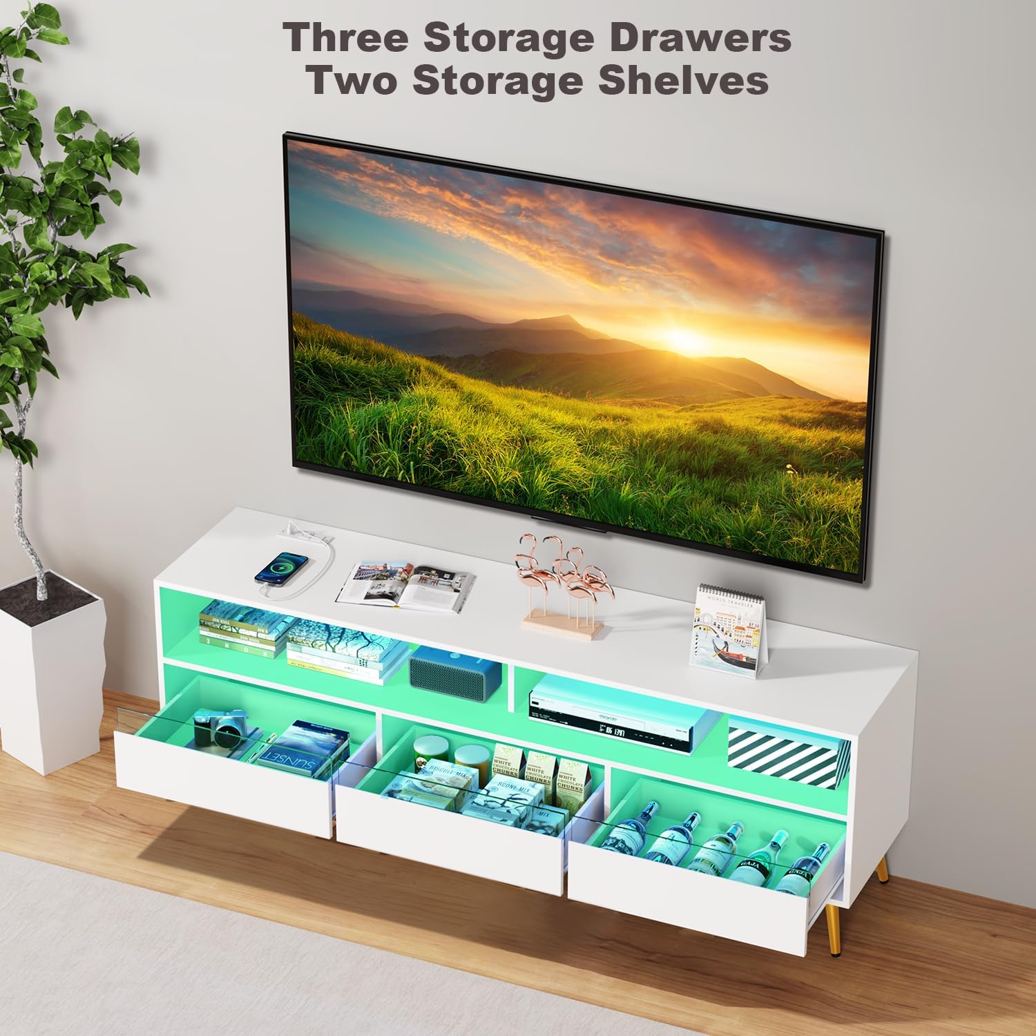 TV Stand 65 inch with LED Light and Power Socket, Modern TV Stand with 3 Drawers, Entertainment Center, Living Room TV Stand for 75 inch TV, White