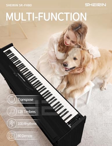 Digital Piano Hammer Action Keyboard 88 Keys Upright Acoustic Electric Weighted Piano Beginner MIDI Cover Full Size Sustain Pedal Stand Real Professional SR-FH80 (Beige Full Cover)