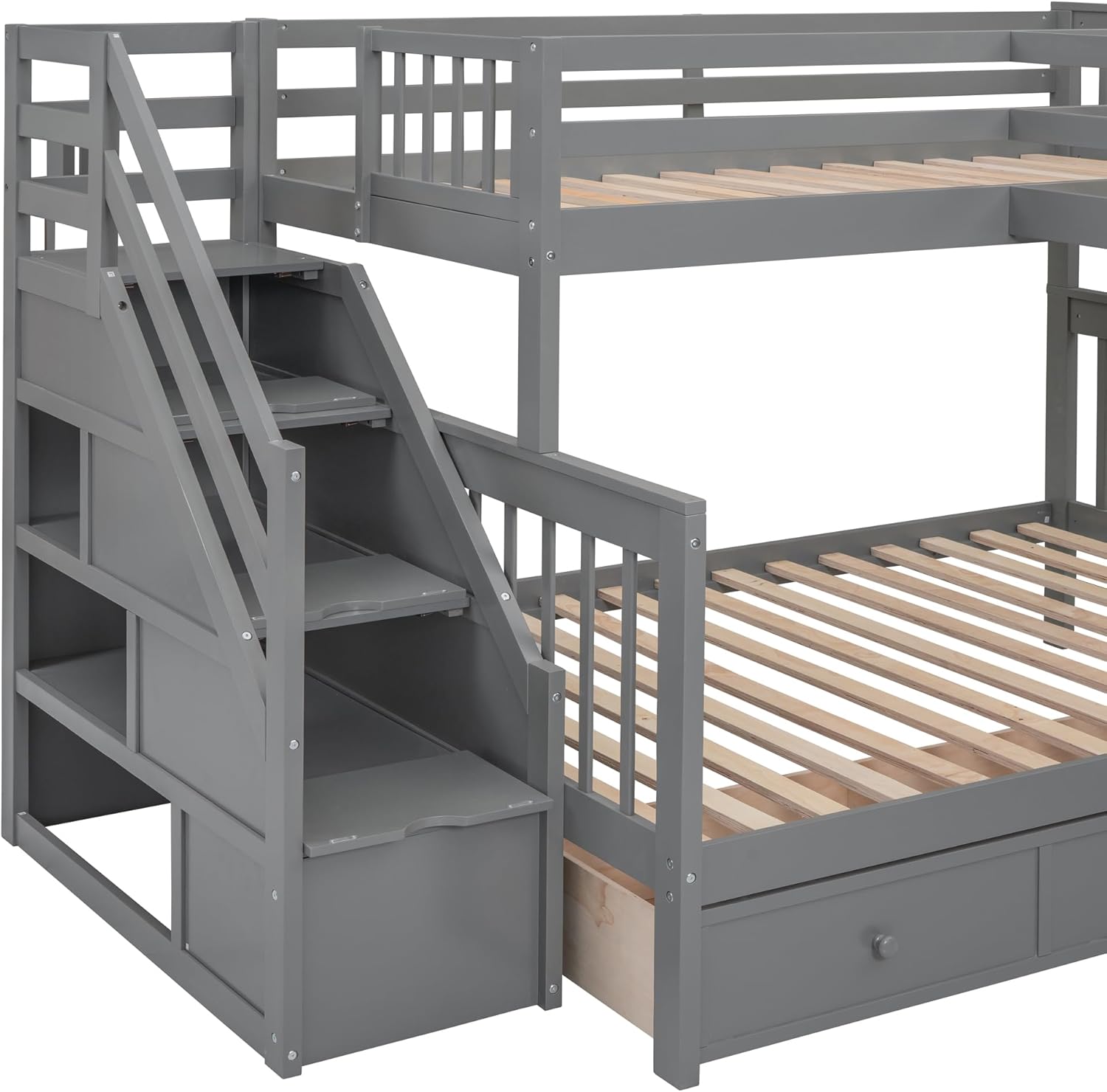 Twin Over Twin Over Full Triple Bunk Bed with Stairs Storage, Portable Desk, Wardrobe and 3 Drawers, L-Shaped Stairway Wooden Bunkbeds, for Kids Teens Adults, Bedroom/Dorm Furniture, Gray