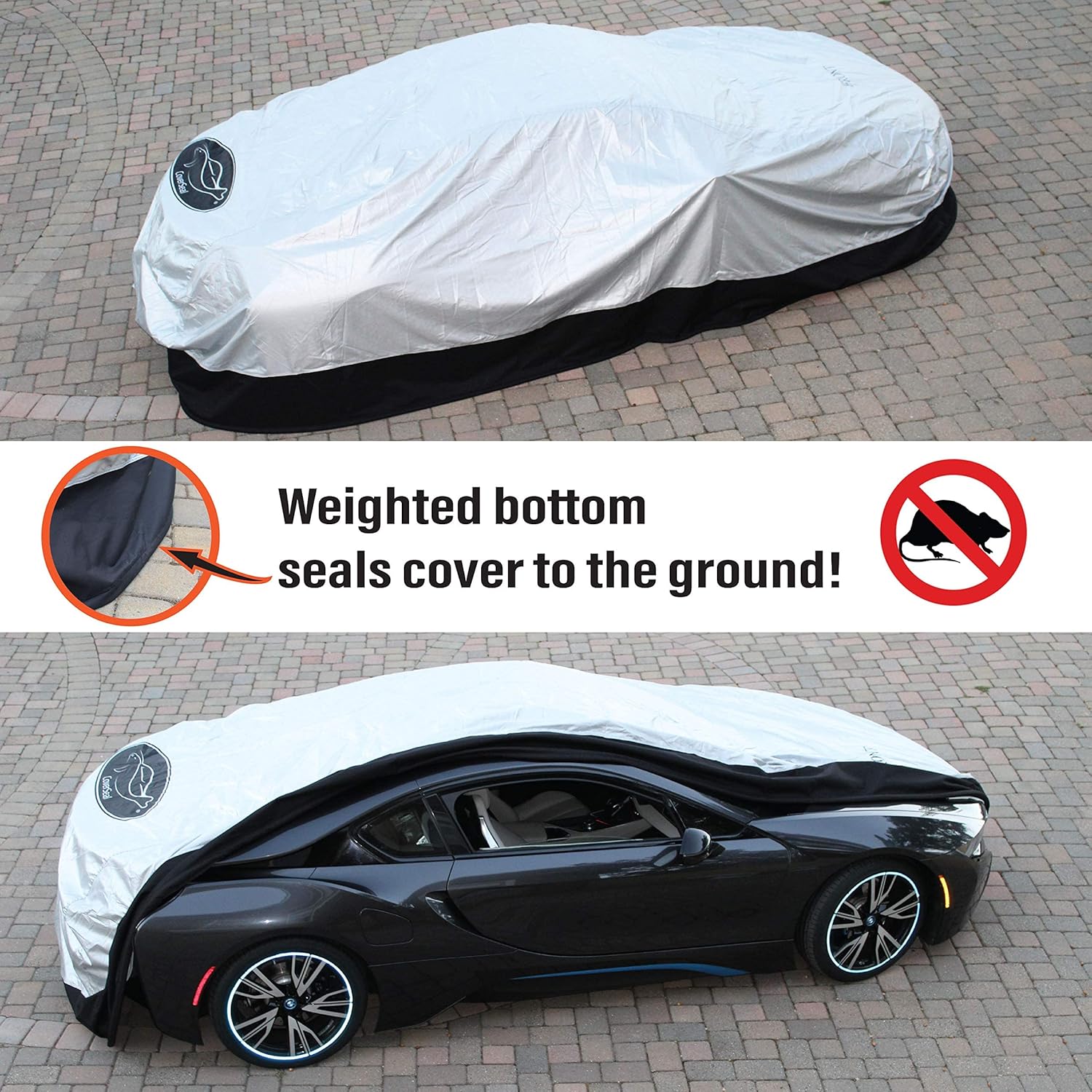 CoverSeal Heavy Duty Outdoor Car Cover with Patented Weighted Ground Conforming Apron Seal - All Weather Waterproof Car Cover for Automobiles - Full Size 230 L x 70-75 W x 73 H inch Max