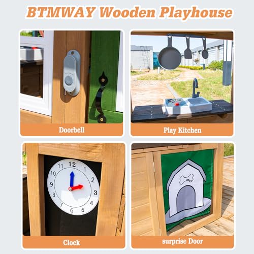 Kids Outdoor Playhouse,Cedar Gray Wooden Play House for Kids Ages 3-8, with Play Kitchen, Interactive Doorbell, Toy Phone, Sink, Flowerpot