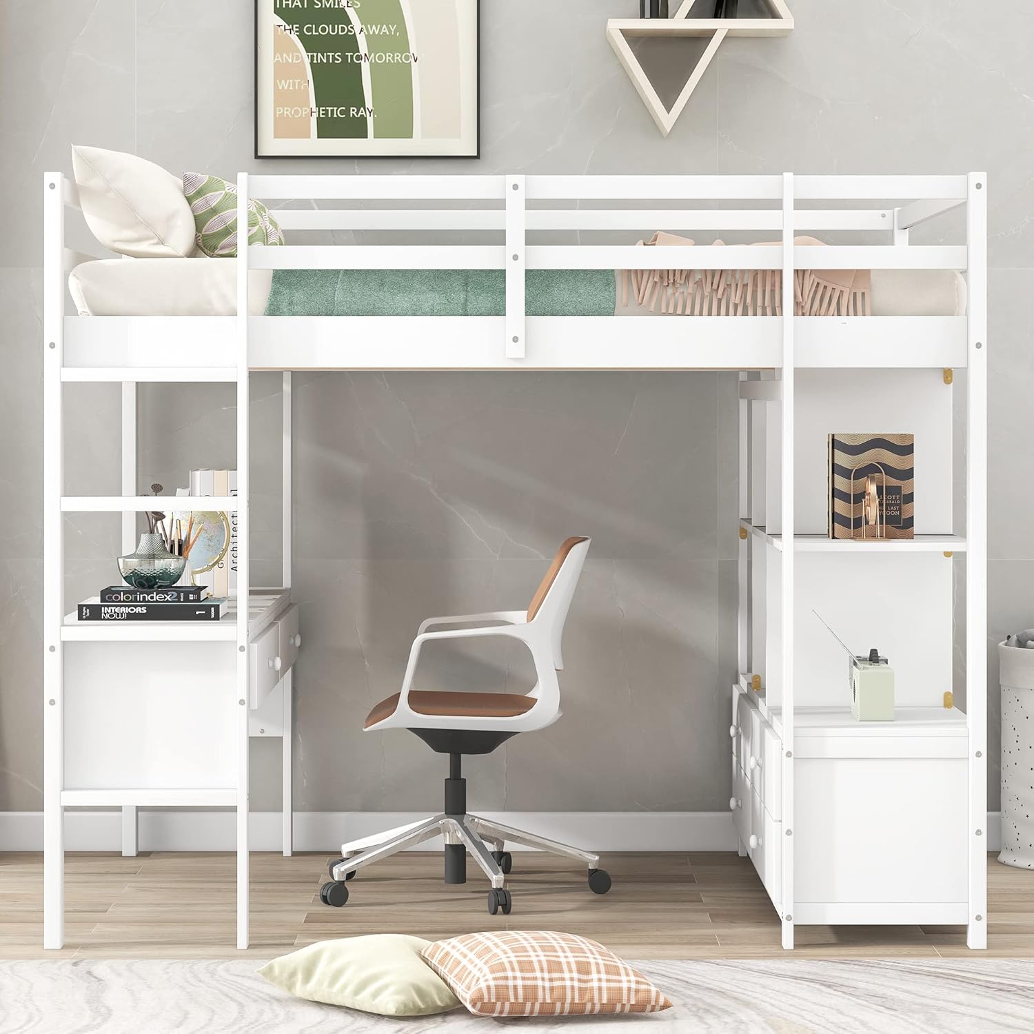 Full Size Loft Bed with Built-in Desk, 2 Drawers and Storage Shelves, Wooden FullLoft Bed Frame with Guardrails for Kids Teens Adults, White