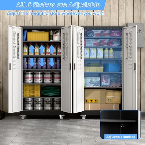 Aobabo Garage Storage Cabinet with Wheels,72" H Metal Storage Cabinet with 2 Doors and 4 Adjustable Shelves for Garage Home, Black,Required-Assembly