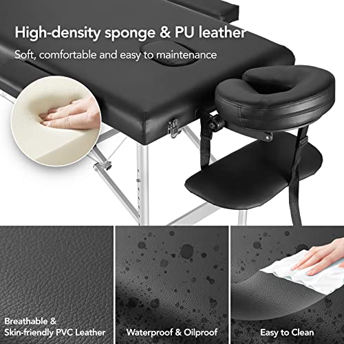 Careboda Portable Massage Table 3 Fold 23.6" Wide, Height Adjustable Aluminum Massage Bed with Headrest, Armrests and Carry Bag, Professional Massage Tables for Spa, Salon, Tattoo