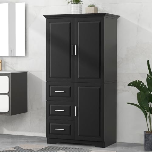 Polibi Tall Storage Cabinet, Modern Freestanding Pantry with 3 Doors, Adjustable Shelves and 3 Storage Drawers for Kitchen/Bathroom/Living Room/Office, White