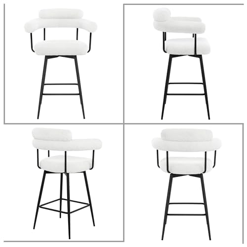 ONEVOG 27 inch Swivel Counter Stools, Beige Modern Counter Height Bar Stools Chairs with Curved Back and Arms, Comfy Fabric Barstools for Kitchen Island, Set of 2, Metal Leg