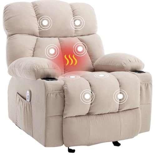Massage Rocker Recliner Chair with Heat and Vibration Ergonomic Rocking Lounge Chair for Living Room Comfy Overstuffed Recliner with 4 Side Pockets,2 Cup Holders, USB Charge Port, Grey
