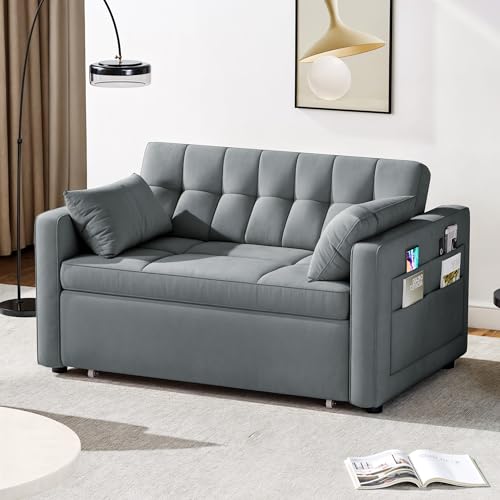 DWVO 55" Convertible Sofa Bed, 3-in-1 Sleeper Sofa with Pull-Out Bed, Velvet Futon Couch with Adjustable Backrest and Side Pocket, Modern Loveseat for Living Room Apartment, Grey, Full Size
