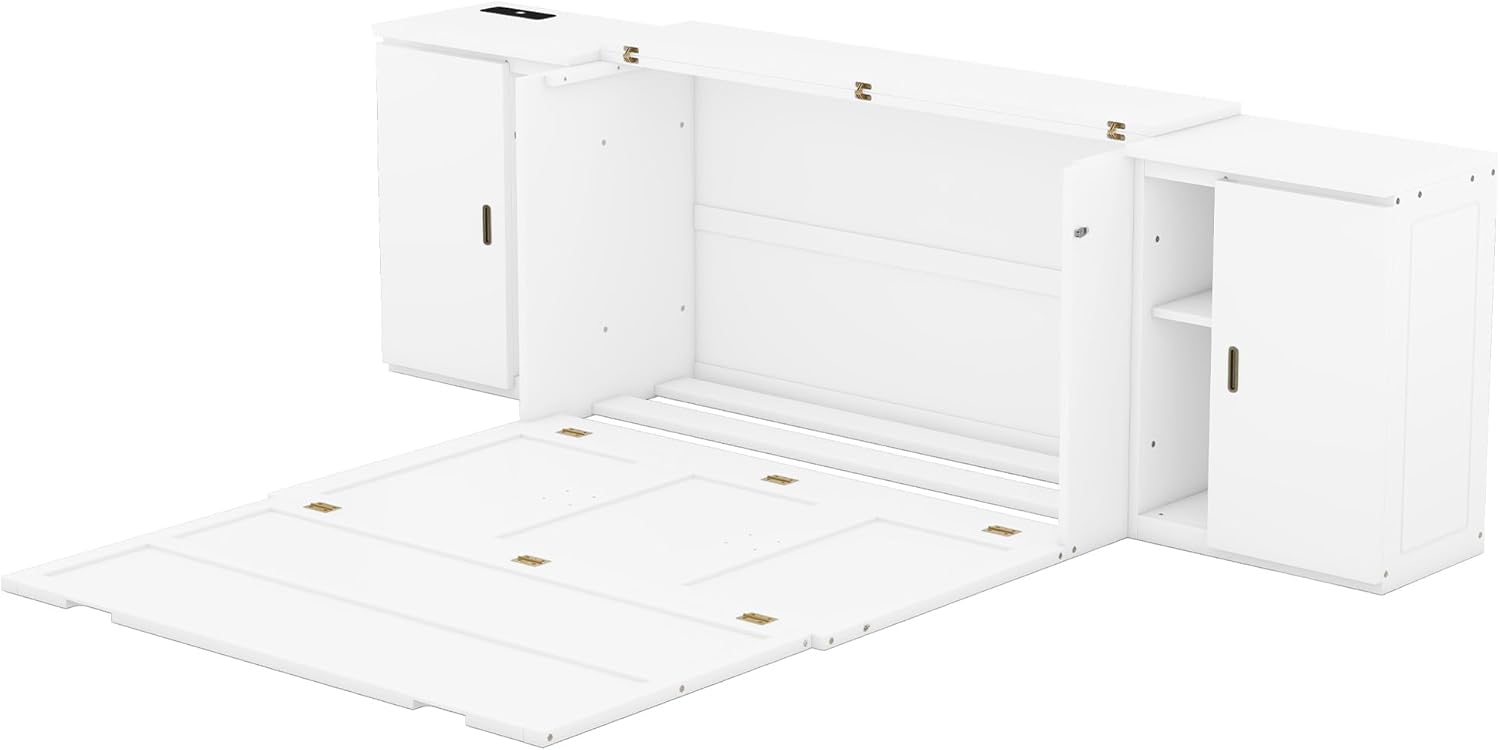 Queen Size Murphy Bed with Shelves and Cabinets,Murphy Wall Bed Queen with USB Ports,Queen Murphy Bed Cabinet for Kids,Boys,Girls,Adults,Bedrooms, Children's Rooms, Space Saving,White