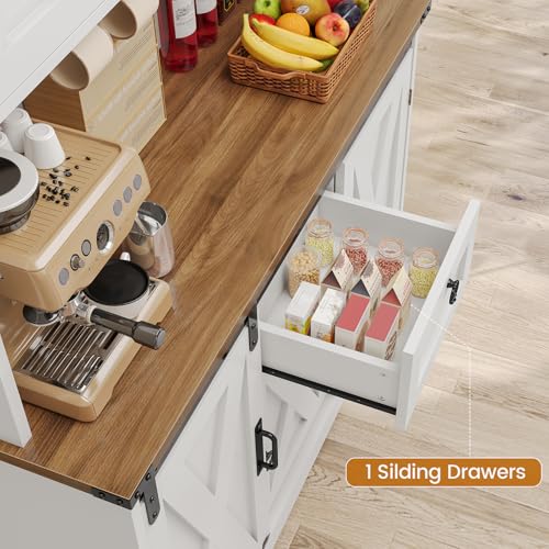 Kitchen Pantry Cabinet, Farmhouse Kitchen Cabinet with Drawer, Sliding Barn Doors Storage Cabinets with Adjustable Shelves for Dining Room, White
