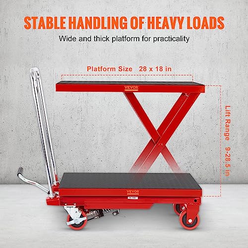 VEVOR Electric Lift Table, 330 lbs Capacity Single Scissor Lift Table, 8-28 in Height Adjustable Lifting Platform, Coffee Table Lift with 4 Wheels, for Material Handling and Transportation, Black