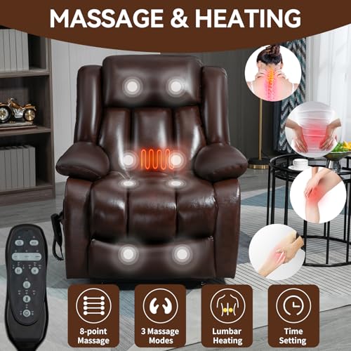 Lay Flat Lift Recliner Chair - Dual Motor Leather Electric Power Lift Chair with Massage & Lumbar Heating for Elderly People, Home Theater Single Seating Sofa Chair (Leather, Black)