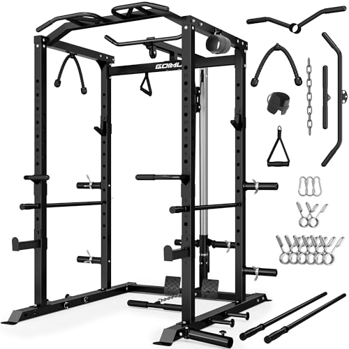 C1-V4 Power Cage, 2000LBS Squat Rack with LAT Pulldown, Multi-Function Weight Cage Strength Training Machine, Workout Cage with More Attachments for Home Gym Garage