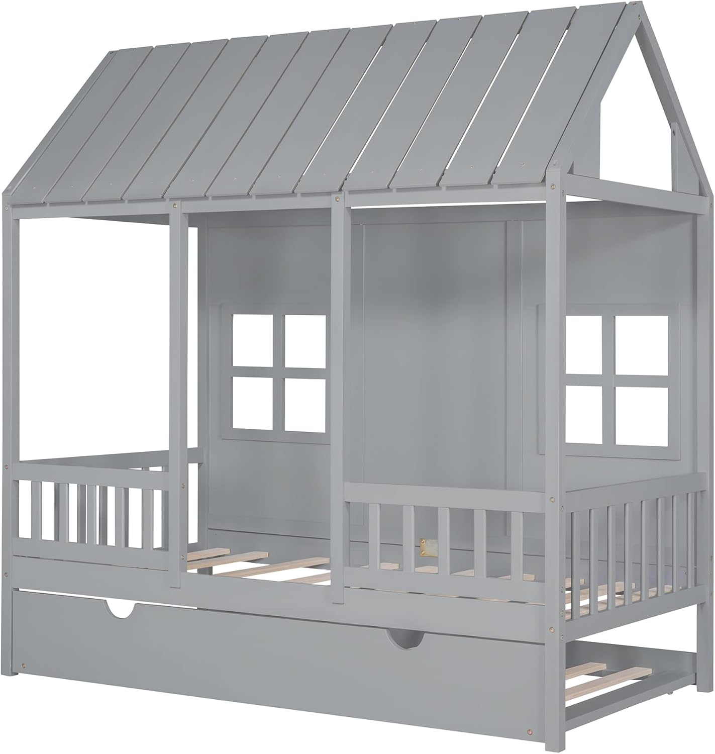 Twin Size House Bed with Twin Trundle, Wooden House-Shaped Daybed with 2 Windows and Safety Full-Length Guardrails for Kids Boys Girls Bedroom, A Beautiful Piece for Bedroom, Gray
