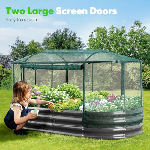 Quictent Galvanized Raised Garden Bed Kit with Anti-Bird Netting Mesh Cover, Large Oval Metal Outdoor Planter Garden Boxes for Vegetables Herbs Flowers, 6x3x1Ft