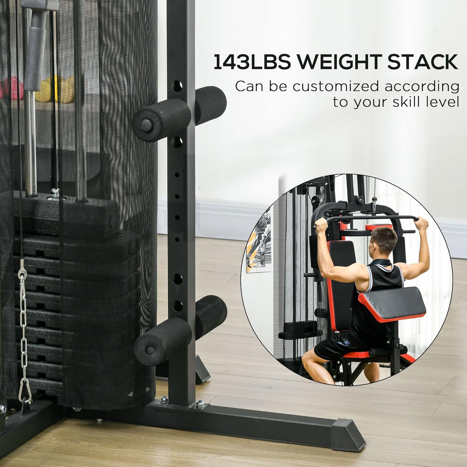 Soozier Multi Gym Workout Station with 143lbs Weight Stack, Home Gym Equipment with Sit up Bench, Push up Stand, Dip Station, Adjustable, for Full Body Strength Training