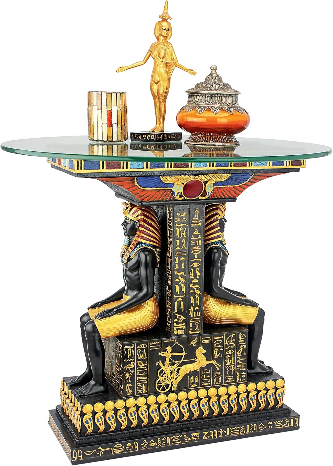 Design Toscano TUT The Egyptian Pharaoh Glass-Topped Sculptural Table, Single, Full Color