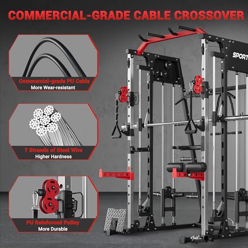 Smith Machine Home Gym All in One, 2200LBS Squat Rack Power Cage with Smith Bar, LAT Pull-Down, Cable Systems, Leg Hold-Down and More Attachments, Workout Equipment (Red Black)