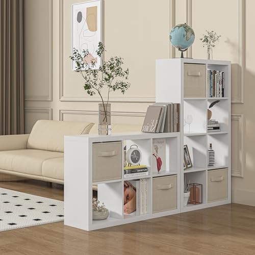9 Cube Storage Organizer White, Wood Cube Storage with Bins, Modern Open Bookcase, Multifunctional Display Organizing Shelves for Living Room, Bedroom, Home Office, White