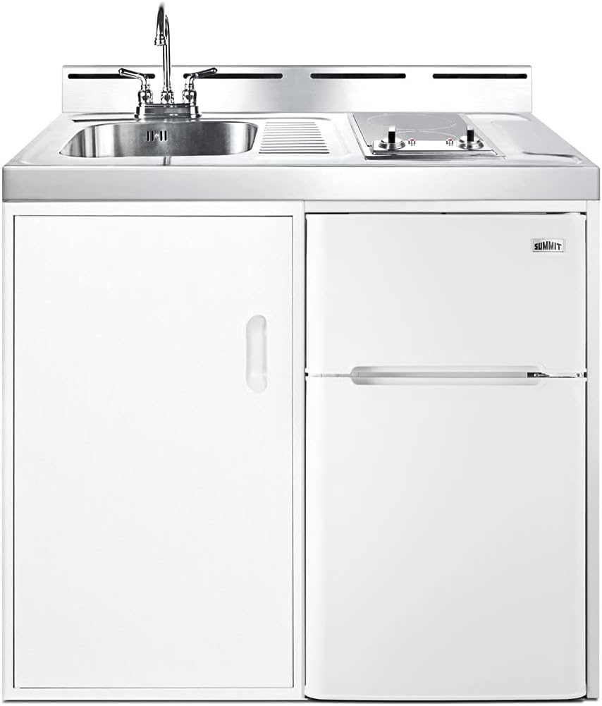 Summit C39ELGLASS 39"" All-In-One Kitchenette with 2 Element Smooth-top Cooktop Refrigerator-Freezer Stainless Steel Sink and Storage Cabinet in White