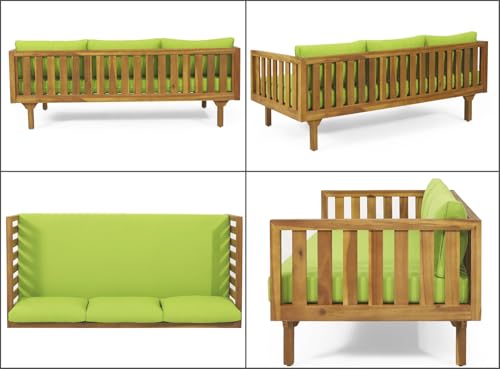 Merax Outdoor 3 Seater Daybed, Acacia Wood Day Bed Couch Sofa with Cushions for Patio Backyard, Garden, Grey