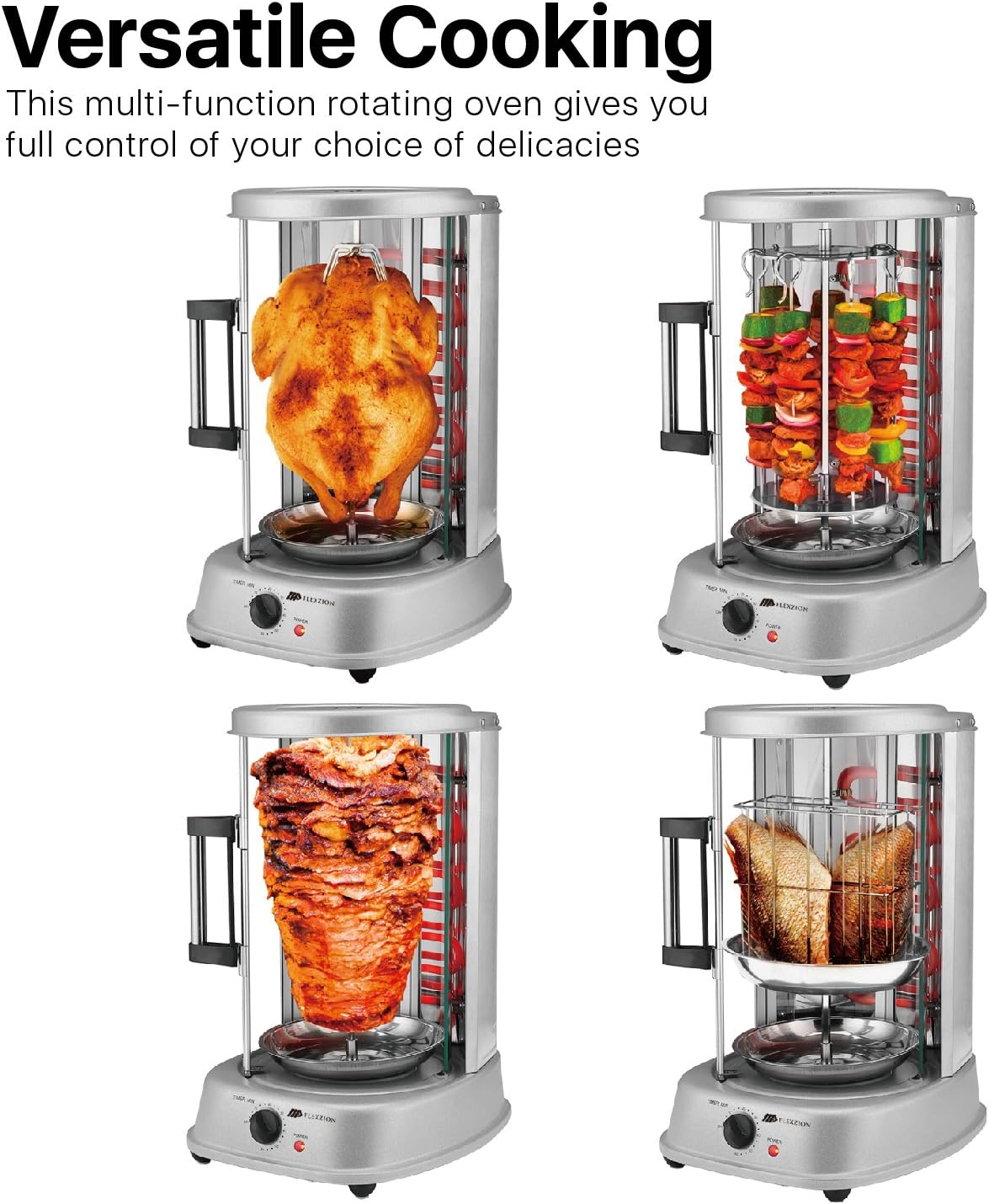 Flexzion Vertical Rotisserie Oven Grill - Countertop Shawarma Machine Kebab Electric Cooker Rotating Oven, Stainless Steel Roaster w/Bake Ware Kebob Skewers Stain Resistant Rotisserie Machine