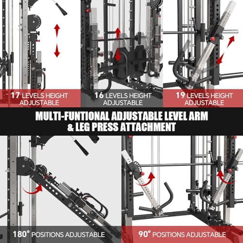 Commercial Smith Machine with Smith Bar, 4000LBS Power Cage Squat Rack with Lever Arm, Leg Press, LAT Pull Down System, Multi-Function Linear Bearing Cable Crossover Machine for Home Gym