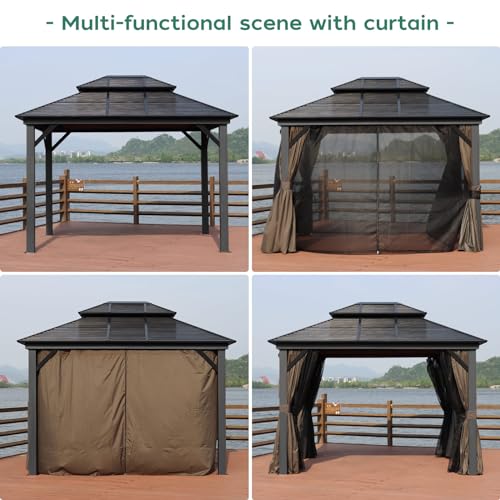 Hardtop Gazebo 10x12FT,Heavy Duty Metal Pavilion with 4.92'' Square Pillar,Aluminum Wood Grain Outdoor Gazebos Double Roof,Patio Gazebo with Curtain & Netting for Backyard,Deck,Lawn
