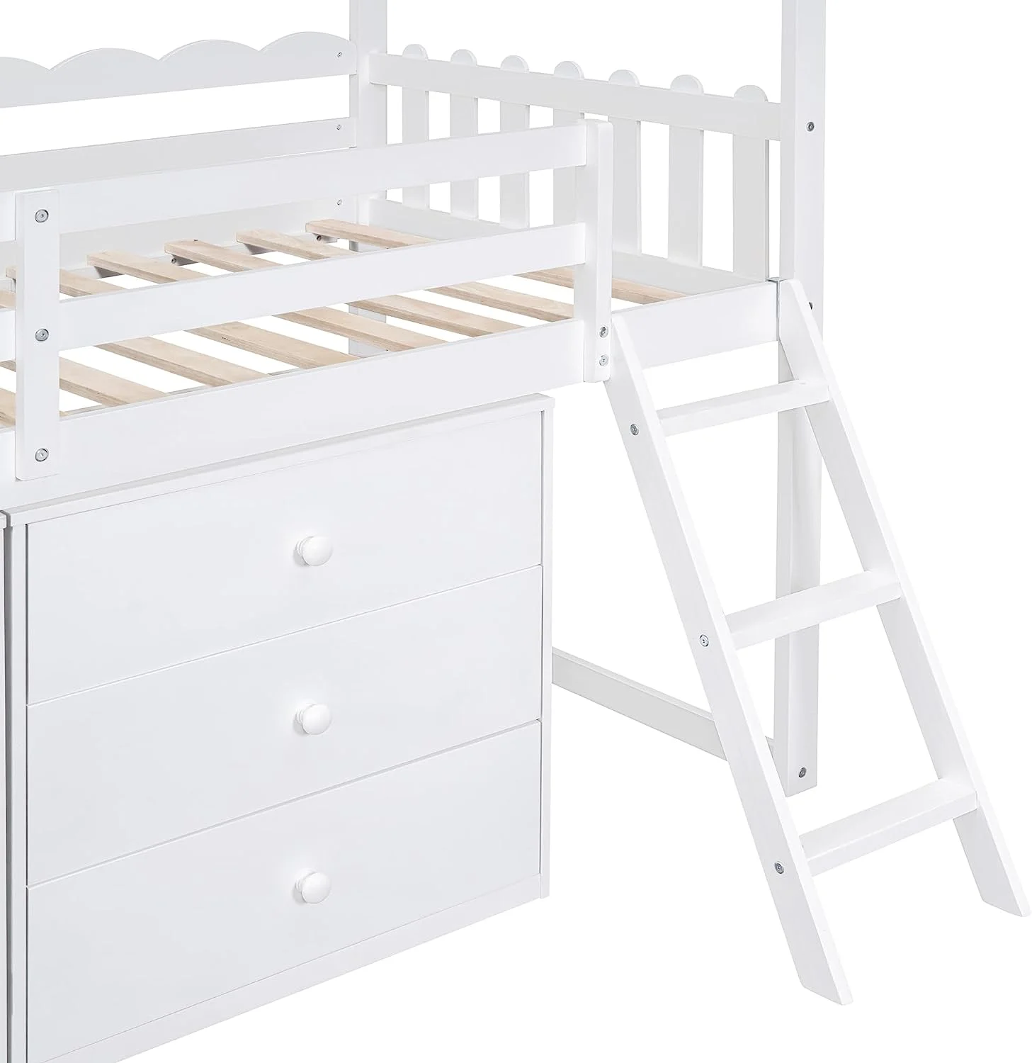 Momspeace Twin Size Loft Bed with Storage Cabinet and 3 Drawers, House Loft Bunk Beds with Roof, Black Boards and Guardrail - White