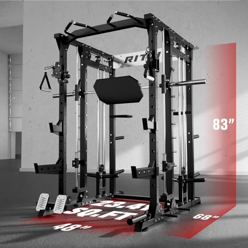 RitFit Buffalo Smith Machine, Power cage with LAT-Pull Down System & Cable Crossover System, All-in-One Squat Rack for Home Gym, Power Rack