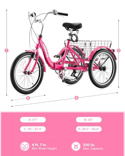 Viribus Folding Adult Tricycle 7 Speed, 20 inch Folding Tricycle for Adults with Dual Chain, 3 Wheel Bike with Lock, Foldable Trike Collapsible Three Wheel Bike Women Senior, 330lb. Deep Pink