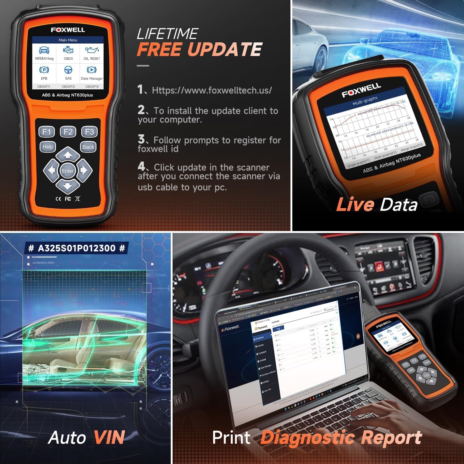 FOXWELL NT630 Plus OBD2 Scanner with ABS and SRS, 2024 ABS Scan Tool Bleeding Brake SRS Scanner Car Code Reader Diagnostic Tool Bidirectional Scanner with Airbag Light Reset SAS Oil Light