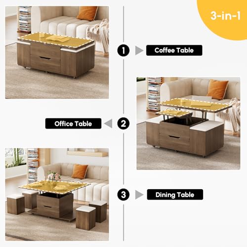 homary Black Lift-Top Coffee Table with Hidden Storage, 3-in-1 Modern Folding Center Table with 4 Stools, Casters, and Lockable Wheels – Convertible Dining & Office Table for Living Room
