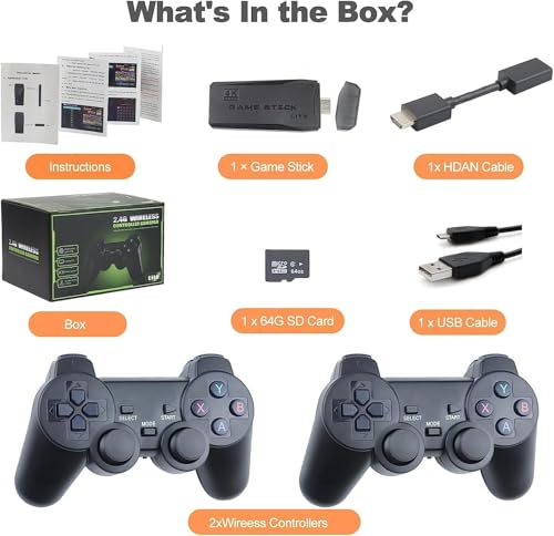 Wireless Retro Game Console, Retro Game Stick with Built-in 9 Emulators, 20,000+ Games, 4k Hdmi Output, and 2.4GHz Wireless Controller, Plug and Retro Play Video Games for Tv (64)