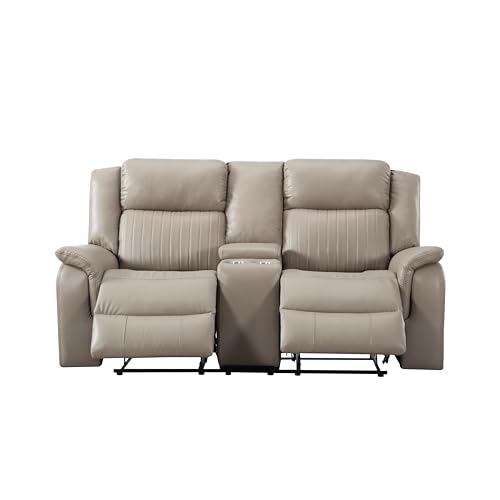 Sofa Chair, Reclining Sofa Couch with Pillow Top Armrest, 2 Built-in Aluminum Cup, Storage, Double Recliner RV Sofa & Console for Home Theater Living Room