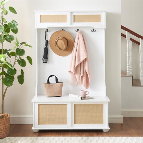 64" 3-in-1 Hall Tree Entryway Four Hooks Rattan Door Shelves Shoe Storage Bench Cabinets with Solid Feet for Hallway Living Room