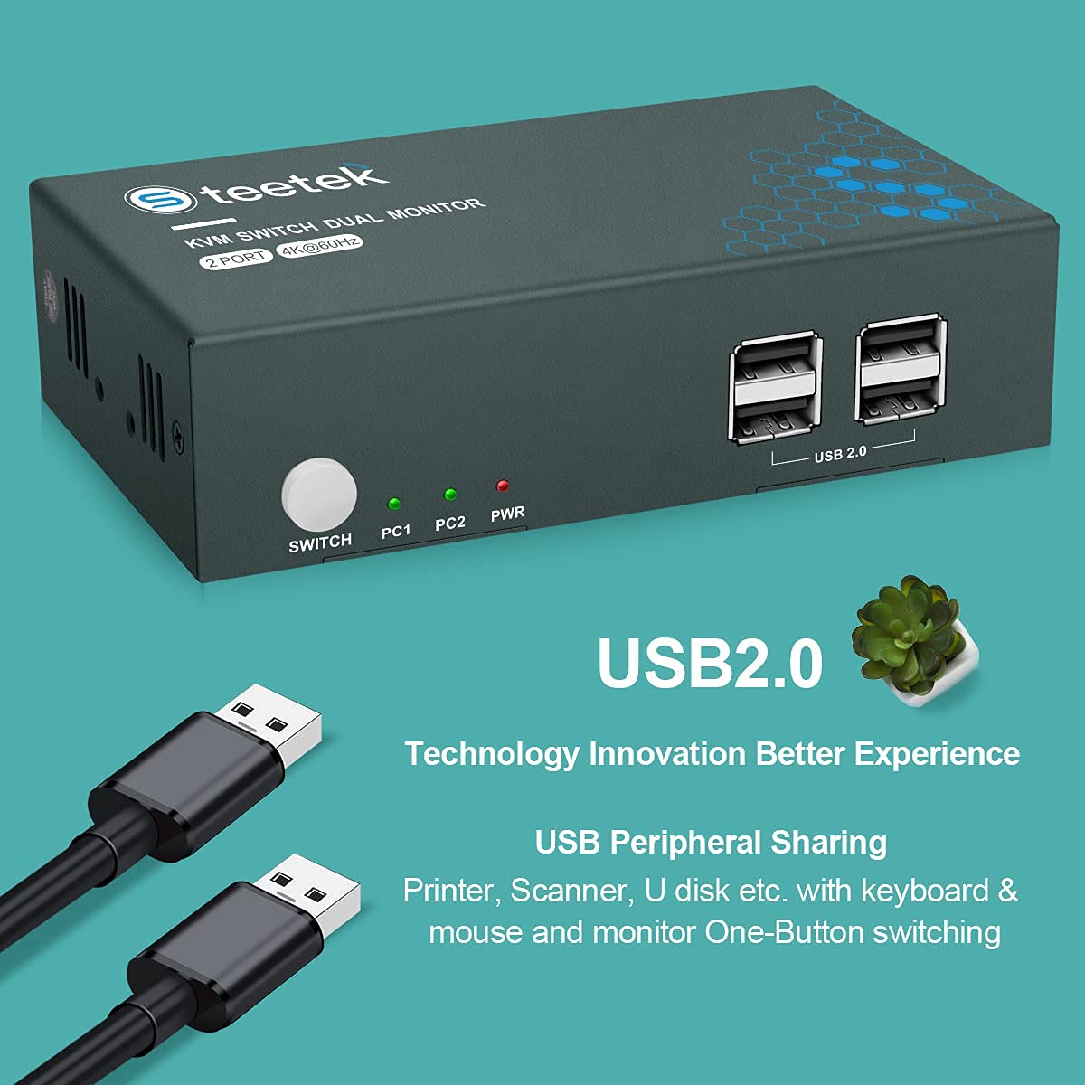 KVM Switch HDMI Dual Monitor Extend Display, UHD4K@60Hz, YUV 4:4:4, 2 Computers Share 2 Monitors and one set Keyboard Mouse, 4 USB 2.0 ports, HDCP2.2, one Button Switch with 4 HDMI and 2 USB Cables