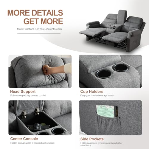 Reclining Loveseat, Manual Loveseat Recliner Sofa, RV Theater Seating with Storage Console, Double Wall Hugger Recliners 2 Seater with Cup Holders for Living Room (Grey)