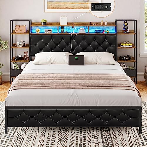 DICTAC Bed Frame King Size with Bookcase Storage Headboard and Charging Station King Size Metal Led Platform Bed with LED Lights and Upholstered Headboard,King Size Bed,No Box Spring Needed,Black