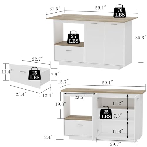ECACAD 80.7" Kitchen Island with Storage, Wood Kitchen Prep Table White Stationery Storage Cabinet with 3 Drawers, Open Shelves & 2 Cabinets for Dining Room