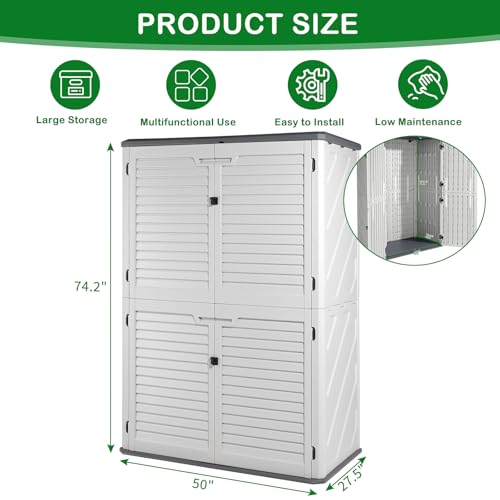 VINGLI Outdoor Storage Shed, Resin Storage Cabinet with Lockable Design, Weatherproof Tool Shed with HDPE Material, Resin Deck Box for Garden Tools, Pool Equipment, Garbage Cans, White (59 Cu.ft)