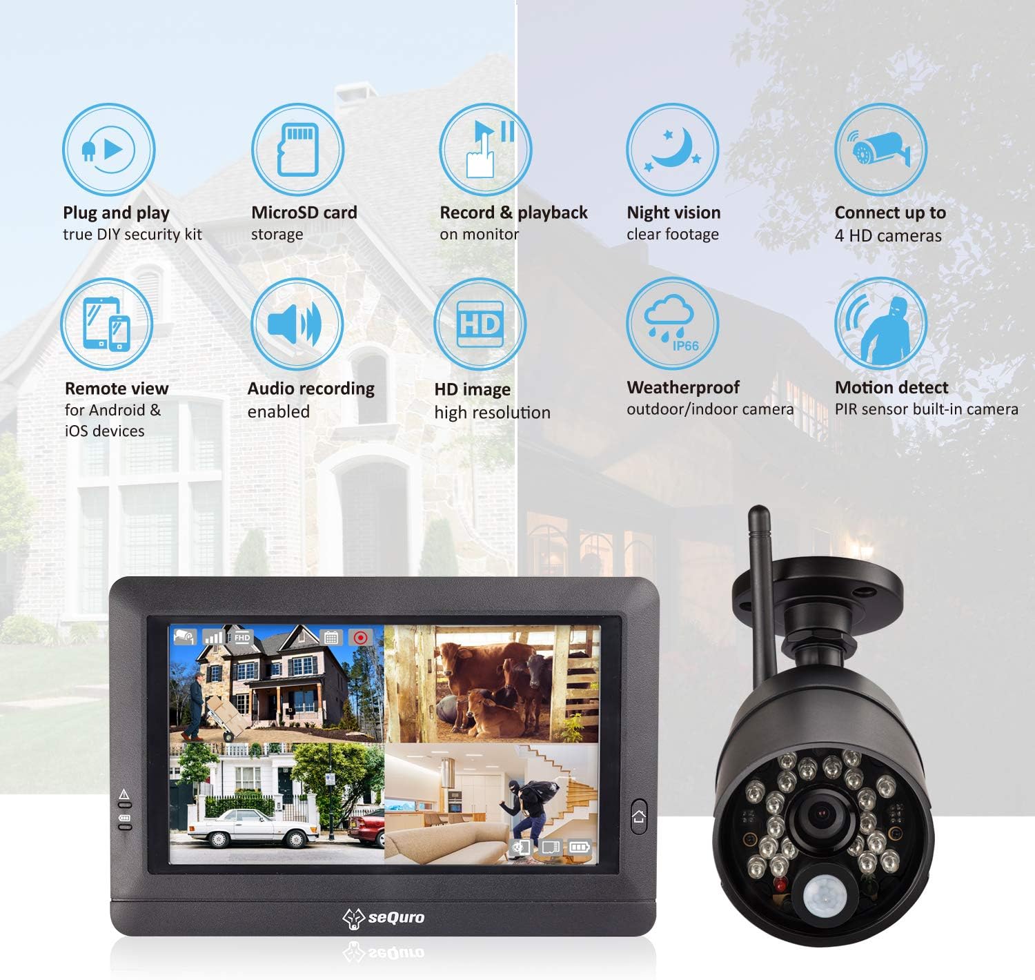 sequro GuardPro Wireless Surveillance Security Camera System Monitor, Weatherproof Outdoor Night Vision HD AC-Powered Camera and Home Surveillance 4CH Monitor DVR Kit with Smartphone Access, 2-cam Kit