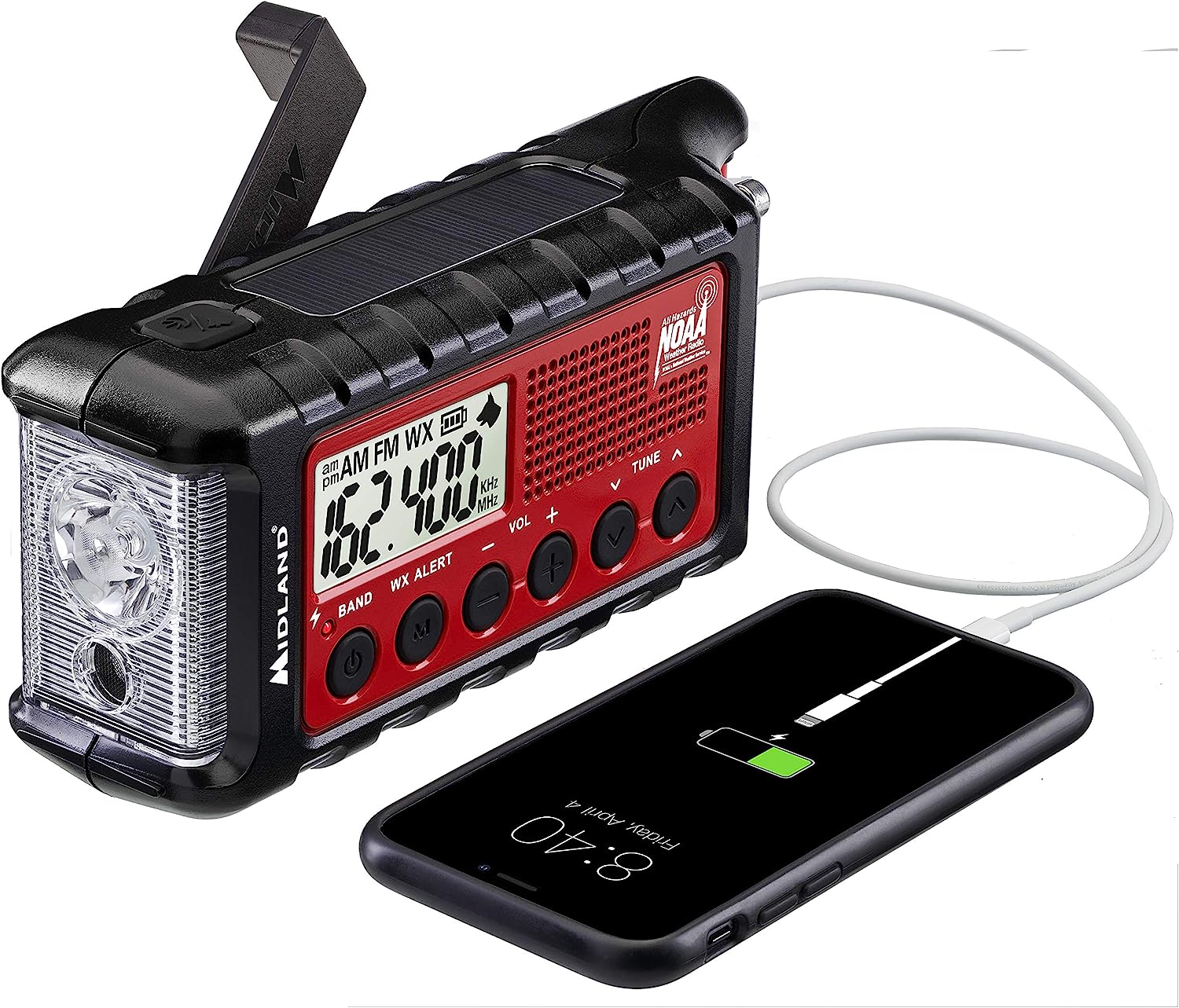 Midland - ER310, Emergency Crank Weather AM/FM Radio - Multiple Power Sources, SOS Emergency Flashlight, Ultrasonic Dog Whistle, & NOAA Weather Scan + Alert (Red/Black)