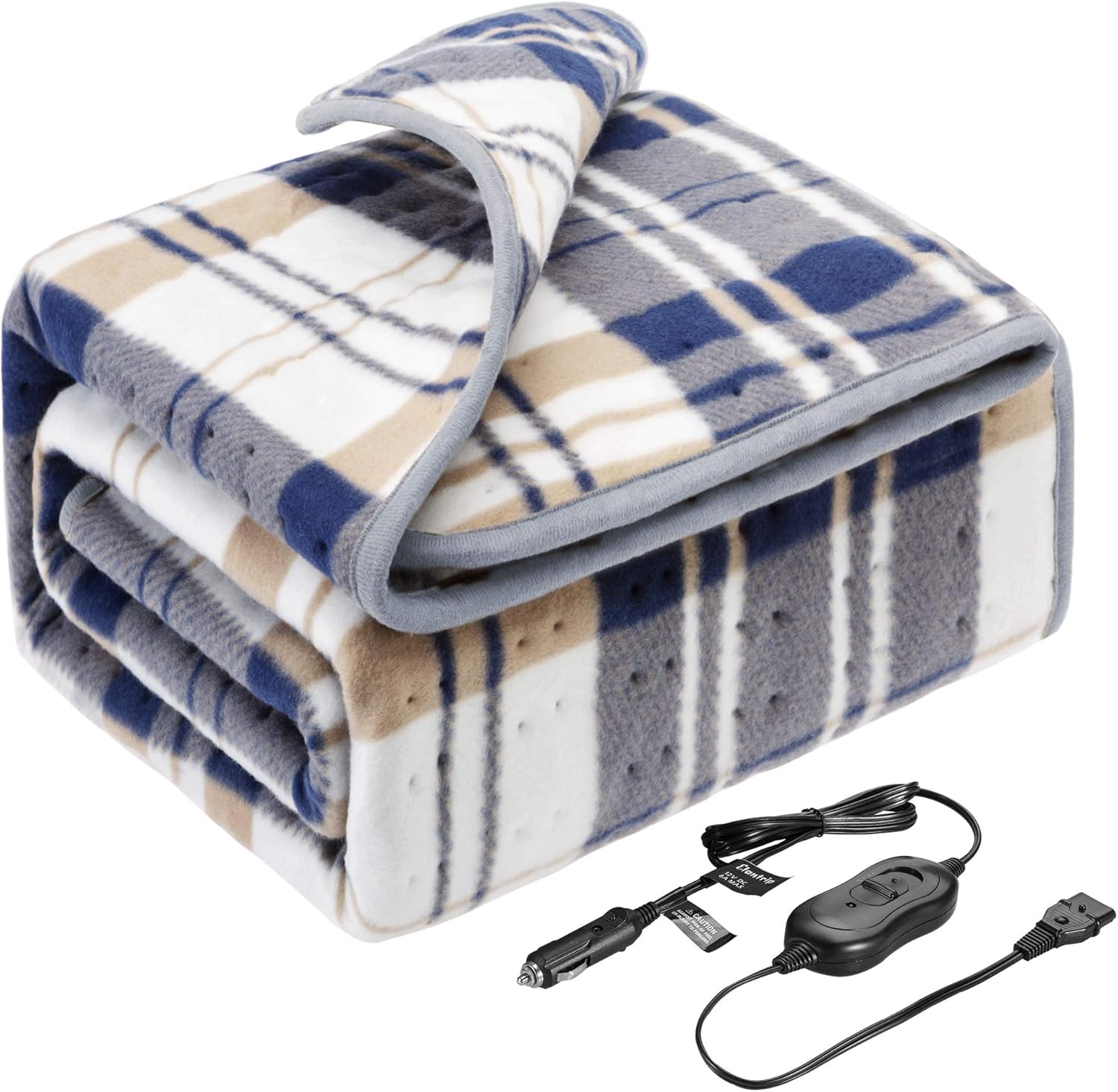 ELANTRIP Machine Washable Electric Heated Blanket12 Volt, 70 Degrees Automatic Power Offapplicable to Car Vehicle Truck SUV, Flannel Heated Travel Blanket with Temp Controller 40x55 in(Blue