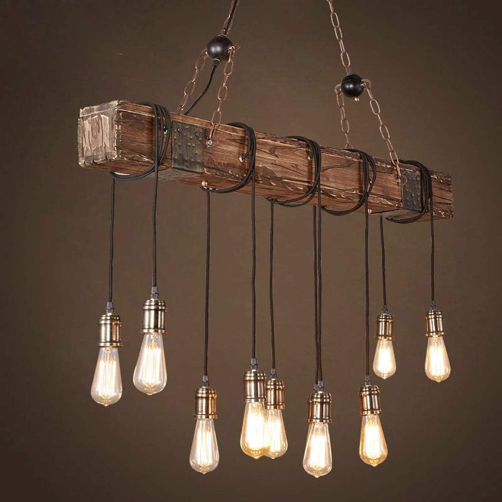 Rustic Industrial 10 Light 46in Chandelier Farmhouse Kitchen Island Lighting Mason Jar Chandelier Linear Chandelier Retro Wood Pendant Light Dining Room Bar Pool Table (Bulb is Not Included)