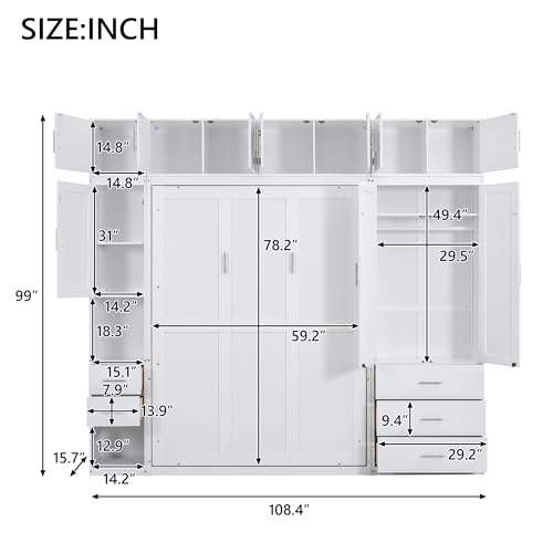 Harper & Bright Designs Full Size Murphy Bed Wall Bed with Lockers and Wardrobes, Wooden Folding Murphy Cube Cabinet Bed for Bedroom, Guest Room or Home Office, Easy Assembly (White, Full)