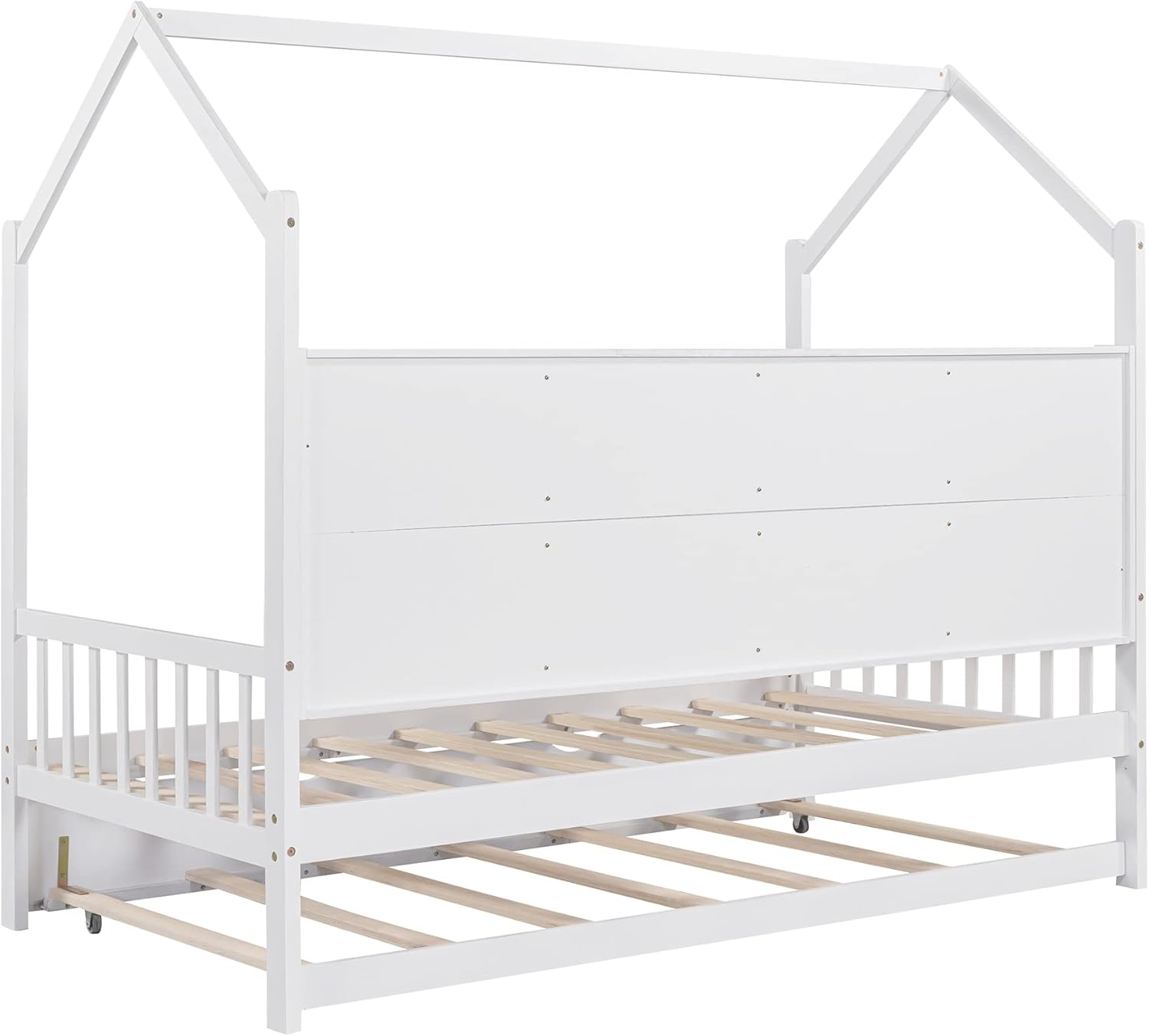 Merax Twin Size Platform Bed with Trundle, Wooden Twin Size House Bed Frame with Storage Shelf, No Box Springs Needed, White