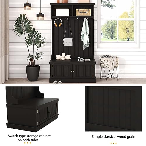 Hall Tree with Storage Shoe Bench for Entryway and Hallway, 4-in-1 Design Coat Racks with 4 Hooks for Living Room (Black)
