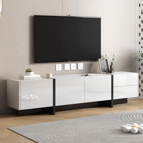 Luxury 75" TV Stand, Modern High Glossy Entertainment Center for TVs Up to 85 inches, TV Console Table with 2 Small Drawers and 3 Big Cabinets, TV Stand for Living Room, Bedroom,Black