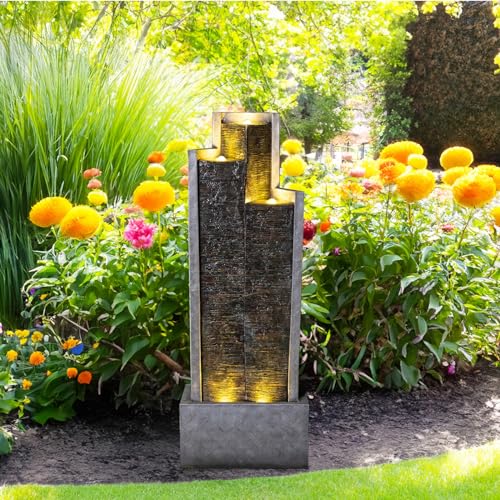 Water Fountain Outdoor Garden Fountains - 39.3"H Modern Cascading Floor-Standing Indoor Waterfall Fountain with Led Lights and Pump Water Fountains Indoor for Office, Houses, Garden, Patio